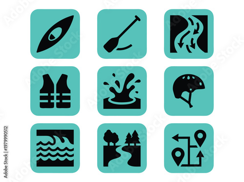 Set of water sports and kayaking equipment icons in flat design style.