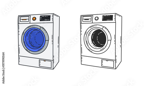 Washing machine vector set with flat colorful and minimalist outline versions.