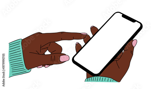Hands hold smartphone, fingers tapping screen. One hand grips device, the other taps with intent. Person appears focused, engaged in digital activity. Illustration style clean, modern, and minimal