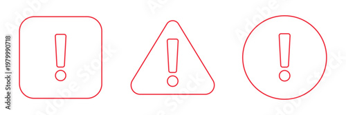 Warning alert icon set vector, exclamation mark symbols in square, triangle and circle shapes for caution, notice, error and important message. Warning sign icon. Red attention icons. Notice icon.