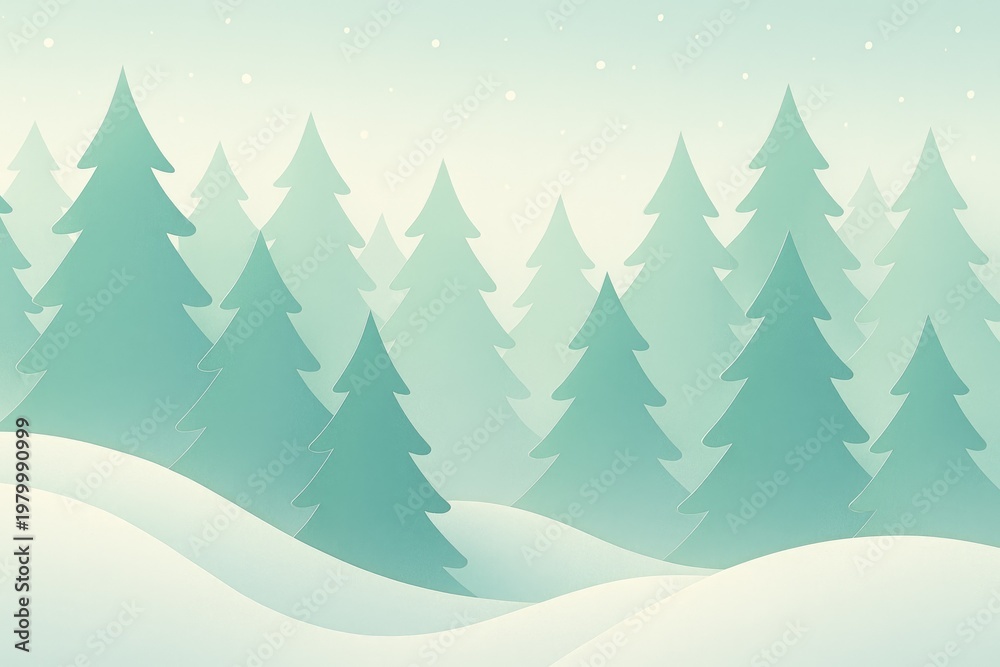 Obraz premium Flat of a winter forest with layered pine trees, snow-covered hills, and falling snowflakes in shades of mint green and white