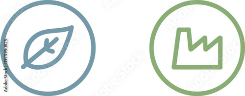 Minimalist icons representing environmental sustainability alongside industrial manufacturing plants for modern business and corporate communication strategies