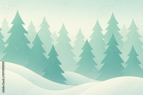 Flat of a winter forest with layered pine trees, snow-covered hills, and falling snowflakes in shades of mint green and white