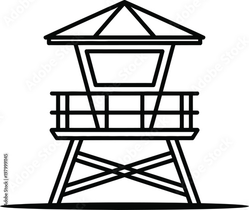 Lifeguard tower structure standing on the sandy beach to monitor ocean swimmers for summer water safety