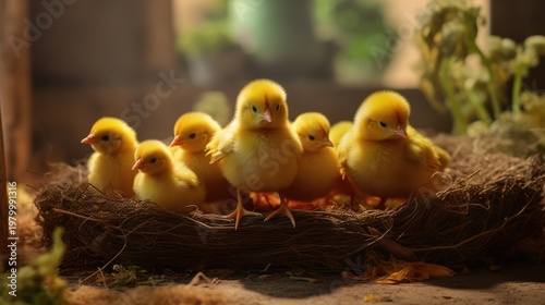 A heartwarming display of new life as a cluster of fluffy yellow chicks huddles together in their cozy nest.