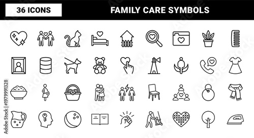 Family and home life outline icons set for web design