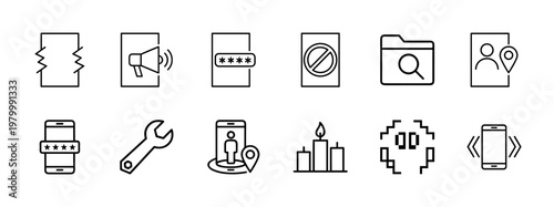 Minimalist digital communication and mobile security interface outline set