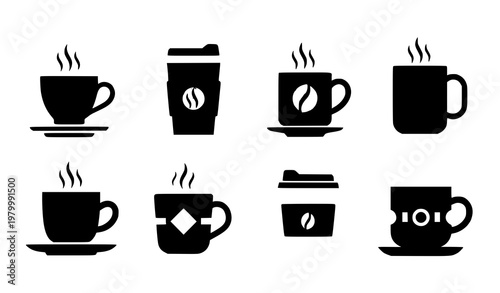 Stylized coffee cup icon set hot drink tea and takeaway cup flat vector collection