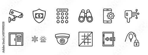Minimalist security and cyber protection line icons for digital safety and data privacy.