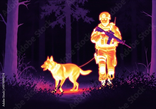 Thermal infrared image of soldier with assault rifle and military dog walking through forest