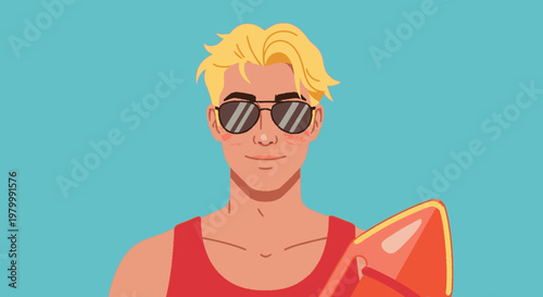 Young man with sunglasses holding a surfboard against a vibrant background