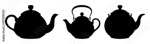 Teapot set with stylized black silhouette against bright white background featuring tea accessories, kitchenware, cookware with culinary and beverage usage