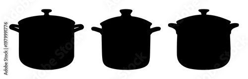 Cooking pot set with black silhouette on white background featuring cookware, kitchen, culinary with illustration and vector