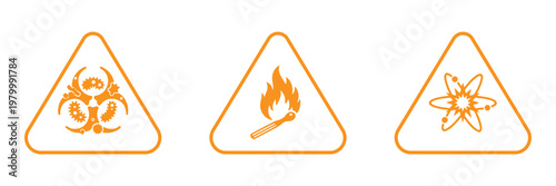 Hazard warning icon set vector, biohazard, flammable and explosive symbols in triangle signs, safety alert collection, minimal outline design for caution, laboratory and emergency use. Risk icons set.