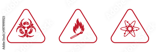 Hazard warning icon set vector, biohazard, flammable and explosive symbols in triangle signs, safety alert collection, minimal outline design for caution, laboratory and emergency use. Risk icons set.
