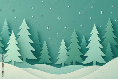Paper cut style winter forest landscape with layered pine trees, soft green hills, and falling white snowflakes on a light teal background
