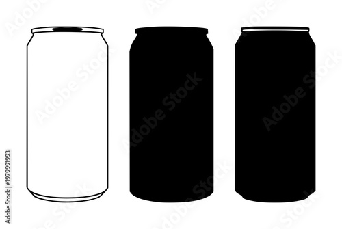 Soda can set with black silhouette against white background featuring soda, beverage, can with color contrast and graphic illustration