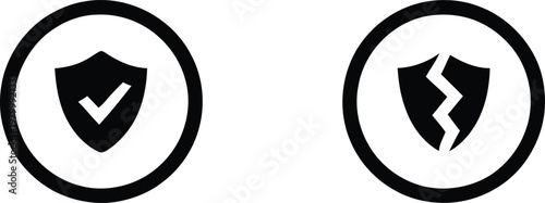 Secure and broken shield icons representing cyber protection and system vulnerability in a simple modern style