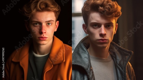 A striking cinematic diptych capturing the intense gaze and sophisticated style of a young man.