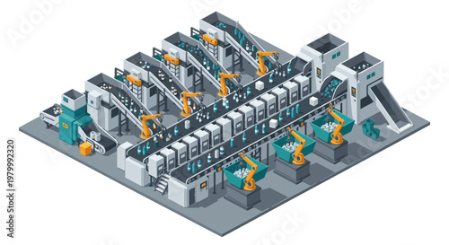 Isometric Automated Factory Line with Industrial Robots and Conveyor Belts for Bottling Production and Manufacturing, Industry 4.0 Concept on White Background