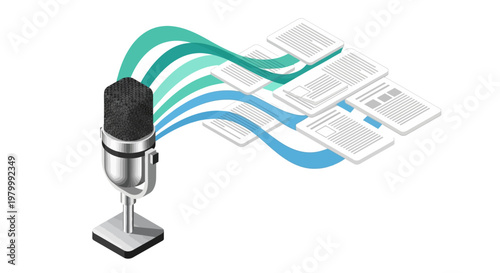 Isometric Microphone with Flowing Waves Converting Voice to Text Documents