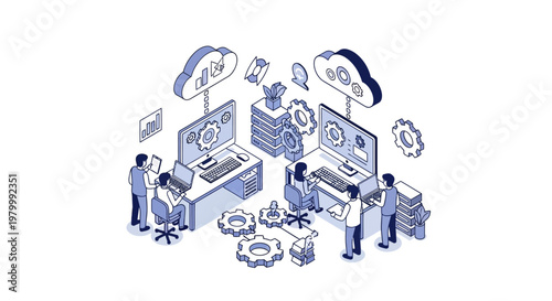 Isometric Line Art Illustration of IT Team Working on Cloud Computing and Software Development; Enterprise Data Management, System Engineering, and Tech Infrastructure