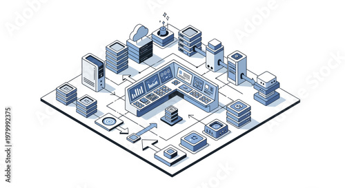 Isometric Data Center and Cloud Computing Network Infrastructure Illustration with Control Console and Server Racks