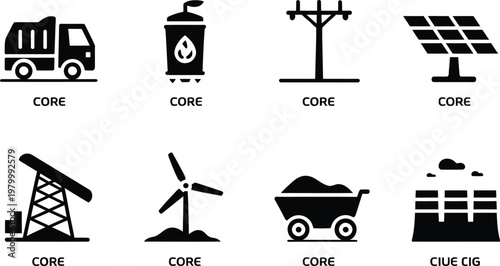 Collection of industrial and sustainable energy icons featuring waste management power generation and resource extraction symbols