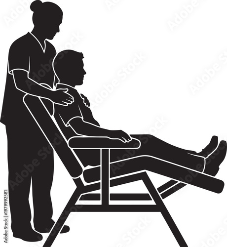 Nurse Assisting Male Patient in Reclining Chair for Medical Procedure Silhouette Vector