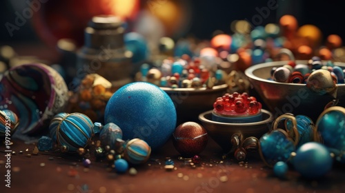 Explore a mystical collection of shimmering treasures and artisanal orbs bathed in enchanting light.