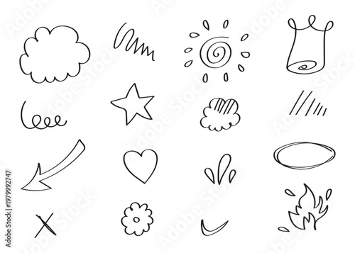 Funny hand drawn doodles background. Ink drawing with kids style. Birds, flowers, sweets, animals, fast food. Vector illustration isolated on white background.