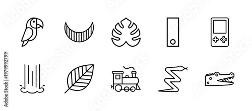 Jungle adventure and wildlife minimalist outline icon collection