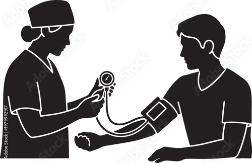 Blood Pressure Measurement by Nurse on Patient, Silhouette Vector Illustration