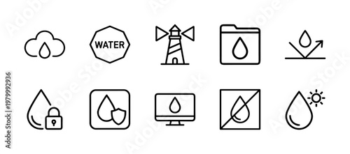Waterproof and plumbing line icon set for industrial design and fluid protection.