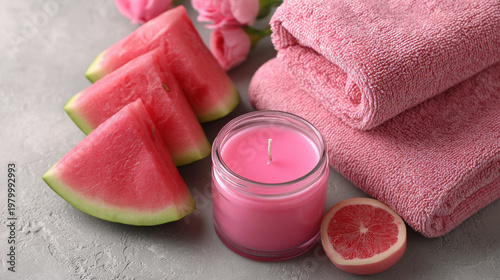 Watermelon slices and pink towels with candle on gray background  