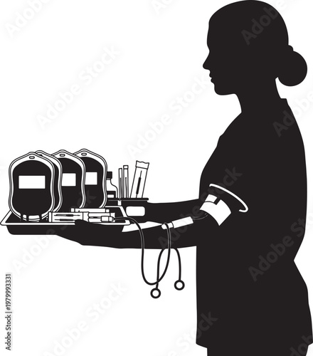 Nurse Carrying Blood Bags and Medical Supplies on Tray Silhouette