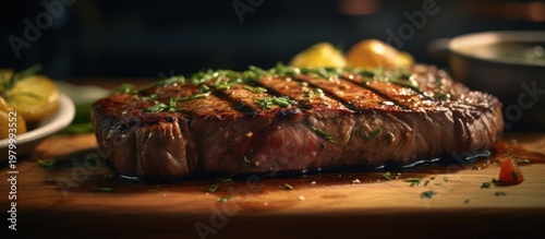 Indulge in the mouthwatering perfection of a premium, herb-garnished grilled steak.