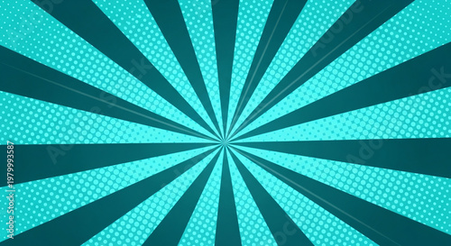 Teal Comic Sunburst Background With Halftone Dot Pattern Rays