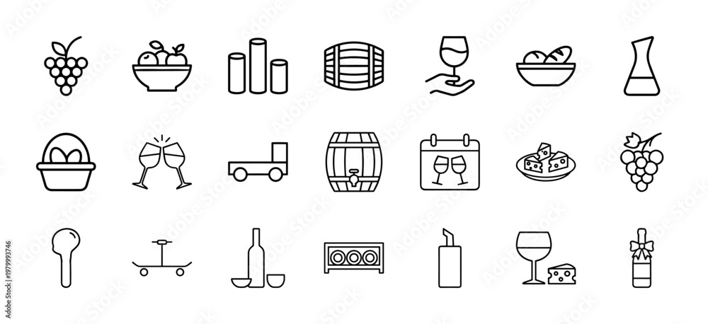 Fototapeta premium Minimalist winery and viticulture line icon set for beverage industry branding