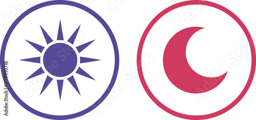 Purple sun and red crescent moon icons representing day and night in simple flat style