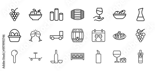 Minimalist winery and viticulture line icon set for beverage industry branding