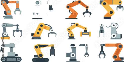 Factory robot arms and cranes set for manufacturing industry, flat automation machinery and mechanical control equipment vector collection