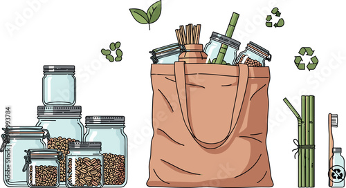 Vector Illustration of Zero Waste Concept Featuring Reusable Glass Jars Fabric Shopping Bag Bamboo Straws and Eco Friendly Sustainable Lifestyle,