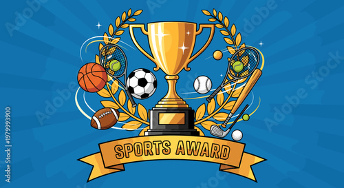 A vibrant illustration featuring a golden sports trophy surrounded by various athletic equipment and laurel wreaths, with a 'SPORTS AWARD' banner on a blue background.