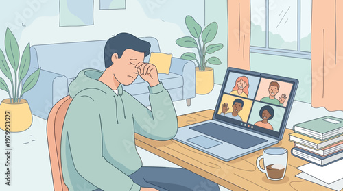 Remote Video Meeting Scene with Tired Participant Modern Flat Vector