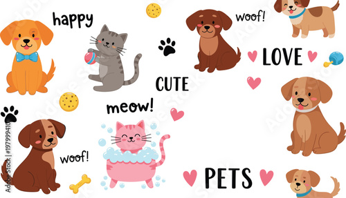 Cute pet animals cartoon collection with happy dog cat characters paw prints playful elements and adorable companion illustration set