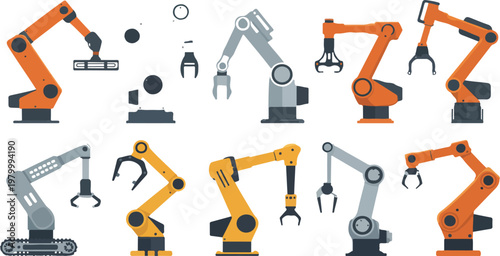 Factory robot arms and cranes set for manufacturing industry, flat automation machinery and mechanical control equipment vector collection
