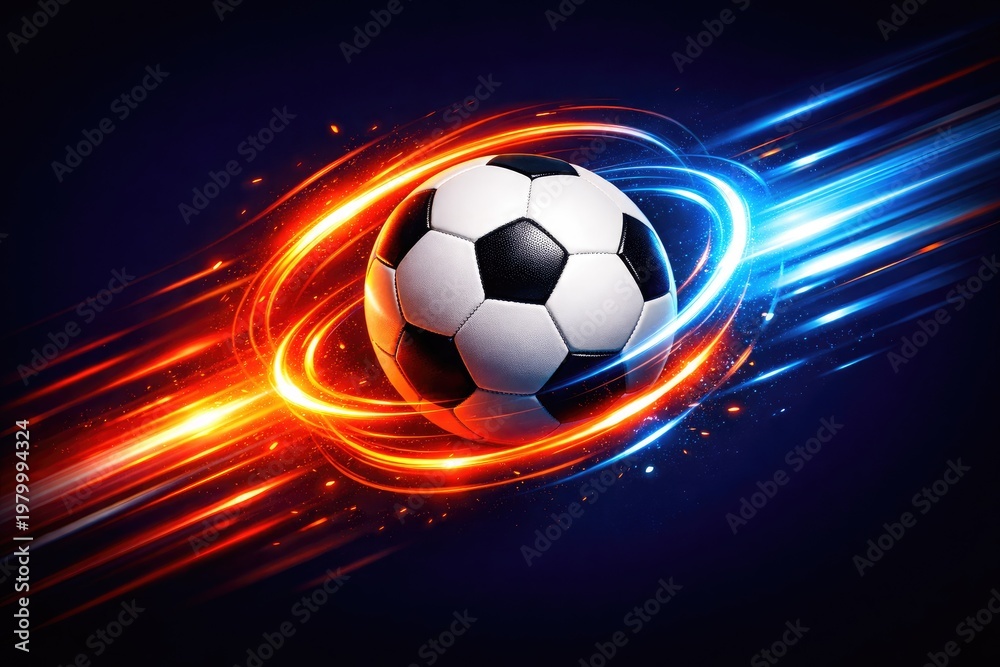 Naklejka premium Soccer ball centered in a dark background, surrounded by glowing, orange and blue, light trails, circular, motion effects, and, dynamic energy streaks