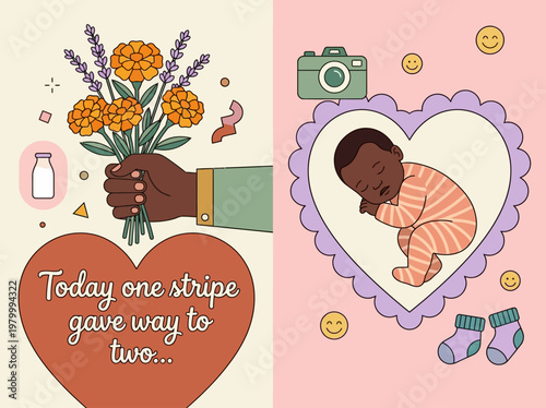 Pregnancy Announcement and Newborn Baby Celebration Vector Illustration with Sleeping African American Infant and Flowers