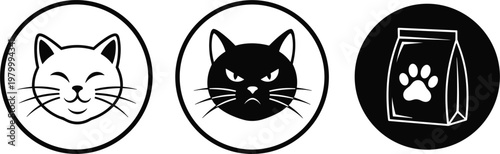 Set of cat icons including cute pet faces and pet food bag minimal line vector illustration